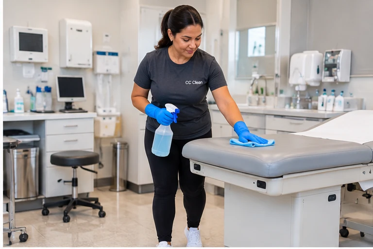 Colaboradora da CC Clean realizando limpeza de maca em clínica médica