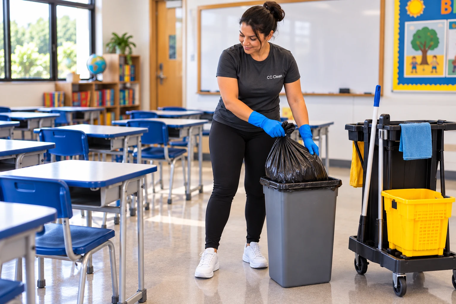 Colaboradora da CC Clean coletando resíduos da lixeira em sala de aula