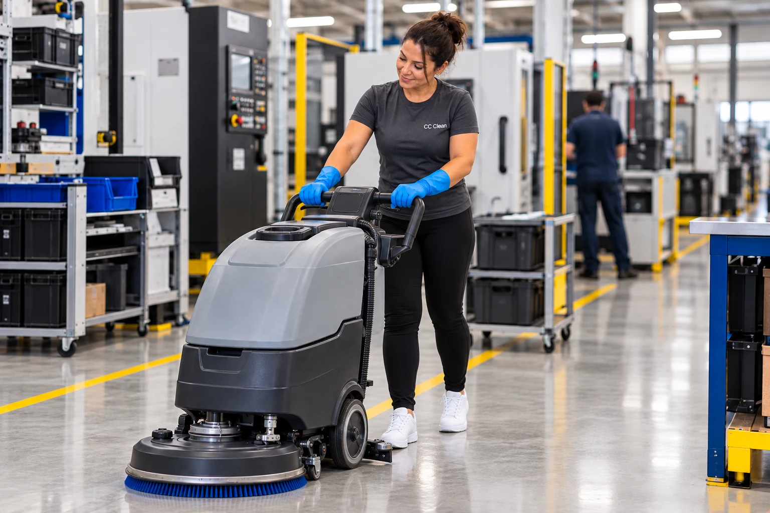 Colaboradora da CC Clean operando lavadora de piso em ambiente industrial